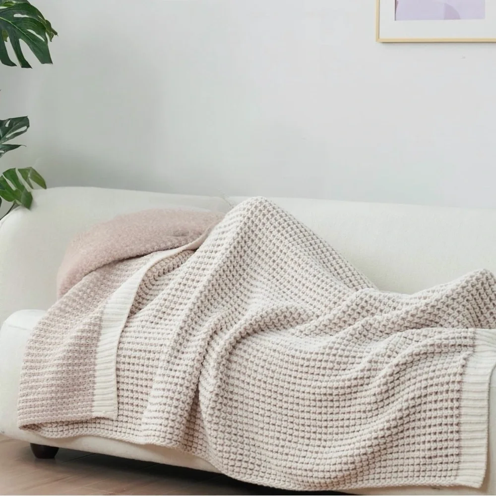 NEW West Elm Beige Woven Waffle Knit Cotton Boho Cozy Throw Blanket - 60